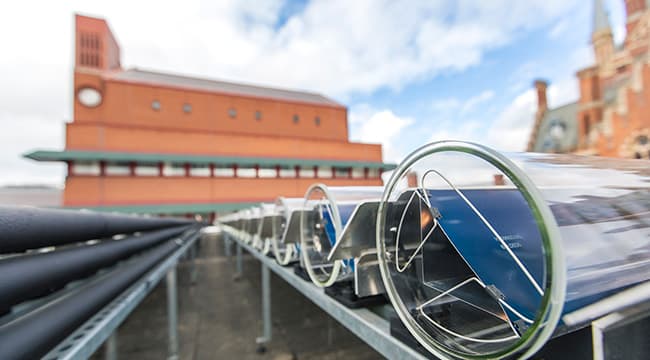 Solar thermal tubes installed on the roof of St Pancras which harness sunshine to create hot water.