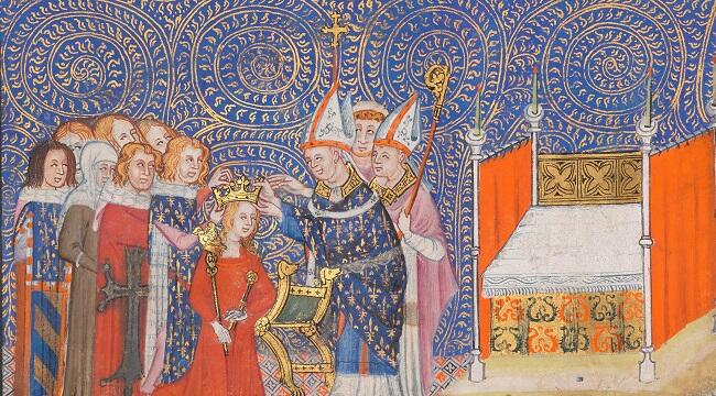 The coronation of Jeanne de Bourbon as Queen of France, showing the Archbishop of Reims placing the crown on Jeanne's head, with the barons assembled behind her.