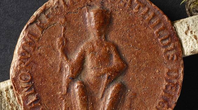 The seal of Empress Matilda, showing her enthroned with a crown and sceptre, and a Latin legend around the edge.