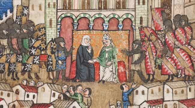 Lucia, Countess of Tripoli and  Bartholomew, Bishop of Tortosa, sitting in state within the fortified city of Tripoli.