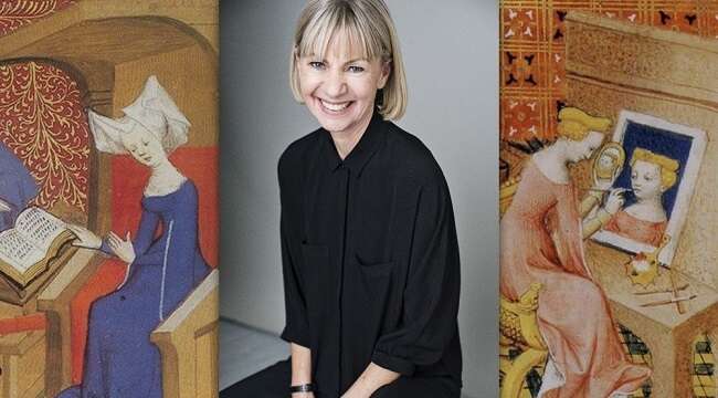 Writer Kate Mosse along with images from medieval manuscripts